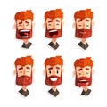 Cute Redhead Bearded Man Head with Different Facial Expression Vector Set