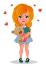 Cute redhead cartoon girl holding toy Teddy bear.