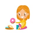 Cute redhead girl sitting on the floor and eating donut vector Illustration on a white background