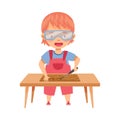 Cute Redhead Girl Wearing Protective Goggles at Table Woodworking Wood Carving on Timber Plank Vector Illustration