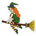 cute redhead witch flying on a broomstick, cartoon halloween character, vector Royalty Free Stock Photo
