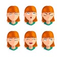 Cute Redhead Woman Head with Different Facial Expression Vector Set Royalty Free Stock Photo