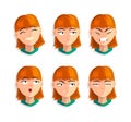 Cute Redhead Woman Head with Different Facial Expression Vector Set Royalty Free Stock Photo