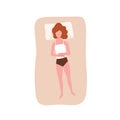 Cute redhead woman sleeping on her back. Female character napping or relaxing during night slumber on comfortable bed