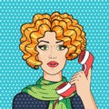 Cute redhead woman talking on the phone pop art comic style vector illustration, vintage redhead girl in green scarf