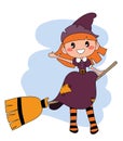 Cute redheaded witch flying on a broom over blue sky Royalty Free Stock Photo