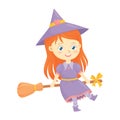 Cute redheaded witch flying on a broomstick Royalty Free Stock Photo