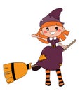 Cute redheaded witch sitting on a broom isolated on white background