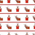 Cute rednosed reindeer hugging a variety of presents with horizontal red stitch stripes. Seamless geometric vector