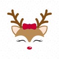 Cute reindeer. Baby deer. Merry Christmas cartoon character. Girl with red bow.