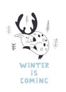 Cute reindeer. Baby deer. Merry Christmas cartoon character. Winter is coming. Vector lettering. Scandinavian style.