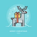 Cute reindeer carrying a gift, flat design line Christmas banner