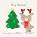 Cute reindeer cartoon c.arrying chirstmas tree background.