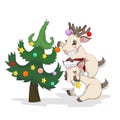 Cute Reindeer is decorating Christmas tree on white isolated background; vector Lapland Deer in Cartoon style, isolated Reindeer Royalty Free Stock Photo