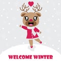 Cute reindeer girl enjoys snow fall cartoon illustration for Christmas card design