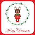 Cute reindeer girl in red berry wreath on red border suitable for Christmas card design Royalty Free Stock Photo