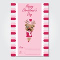 Cute reindeer girl is winking on pink background cartoon illustration for Christmas card design