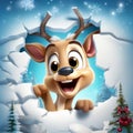 Cute Reindeer with hat and scarf coming out of hole crack in Christmas Winter scene background