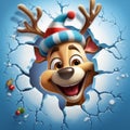 Cute Reindeer with hat and scarf coming out of hole crack in Christmas Winter scene background