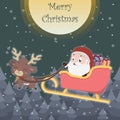 Cute reindeer pulling sleigh with Santa