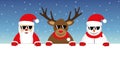 Cute reindeer santa claus and snowman cartoon with sunglasses for christmas Royalty Free Stock Photo