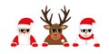 Cute reindeer santa claus and snowman cartoon with sunglasses for christmas Royalty Free Stock Photo