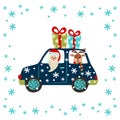 Cute reindeer and Santa are driving a car to the holiday and bringing Christmas gifts. New Year cartoon characters and snowflakes
