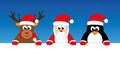 Cute reindeer santa and penguin cartoon with big eyes banner