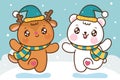 Cute reindeer vector and polar bear cartoon dance in snow winter season