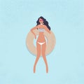 Cute relaxed fashionable lady with cocktail at sea or swimming pool.  Woman in bikini and sunglasses floating on rubber ring. Royalty Free Stock Photo