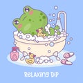 Cute relaxed frog bathes in bath with foam and rubber duck toy. Cartoon kawaii animal character. Vector illustration Royalty Free Stock Photo