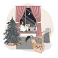 A cute relaxed girl sitting on a windowsill and reading. Hygge xmas mood with new year tree, playing cat, and winter Royalty Free Stock Photo