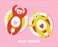 Cute relaxed sloths on an inflatable circle. Hand drawn vector illustration with the lettering phrase Hello summer