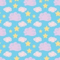 Cute repeat pattern pink clouds and stars on blue sky Royalty Free Stock Photo
