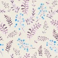 Cute repeat pattern with naive flowers and leaves. Watercolor Royalty Free Stock Photo