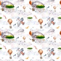 Cute retro aircrafts and balloons watercolor illustration seamless pattern