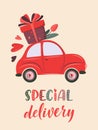 Cute retro car delivering gift and flower. Special delivery. Valentine`s day, birthday or wedding concept. Love, Romantic vector