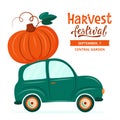 Cute retro car delivering huge pumpkin. Harvest festival or Thanksgiving concept. Autumn vector illustration in flat cartoon style Royalty Free Stock Photo