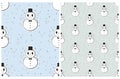 Cute Retro Cartoon Style Seamless Vector Patterns with Smiling Snowman on a Pastel Blue Background. Royalty Free Stock Photo