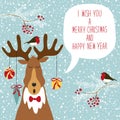 Cute retro Christmas card with funny cartoon character of deer with speech bubble