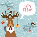 Cute retro Christmas card with funny cartoon character of deer with speech bubble