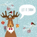 Cute retro Christmas card with funny cartoon character of deer with speech bubble