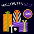 Cute retro festive present boxes with ribbons in traditional autumn colors as Halloween Sale banner