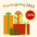 Cute retro festive present boxes with ribbons in traditional autumn colors as Thanksgiving Sale banner