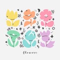 Cute retro flowers. Naive style vector illustration of abstract floral design. Pastel colored blossoming plants Royalty Free Stock Photo