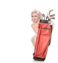 Cute retro girl peeking out from behind red golf bag, isolated o Royalty Free Stock Photo