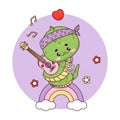 Cute retro groovy hippy snake boy character. Comic reptile animal kawaii with guitar on rainbow. Cool vector Royalty Free Stock Photo