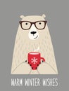 Cute retro hand drawn Christmas card with funny Hipster Bear