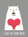 Cute retro hand drawn Valentine`s Day card as funny Bear with Heart and quote I Love You Beary Much