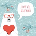 Cute retro hand drawn Valentine`s Day card as funny Bear with Heart and speech bubble Royalty Free Stock Photo